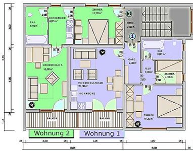 Wohnungsplan Nr 1 blau unterlegt